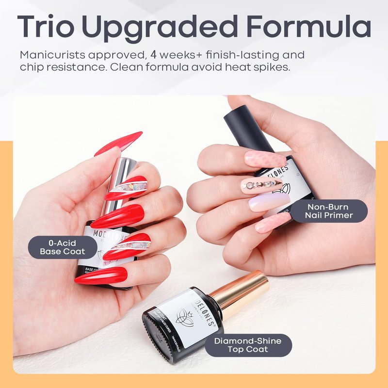 modelones Gel Base Top Coat Set with Nail Primer, 3 Pcs No Wipe Clear Base and Top Coat Nail Bonder Primer Set for Nails Super Shiny Long Lasting Home DIY Manicure Gift for Women