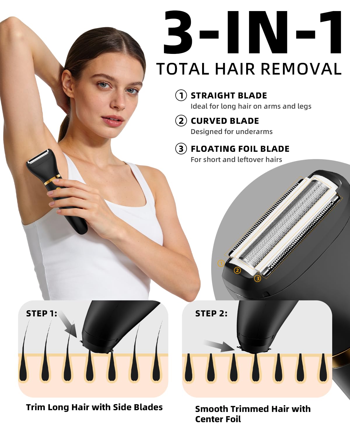 Ufree Bikini Trimmer - Rechargeable Electric Razor for Women | IPX7 Waterproof, Black Body Hair Shaver