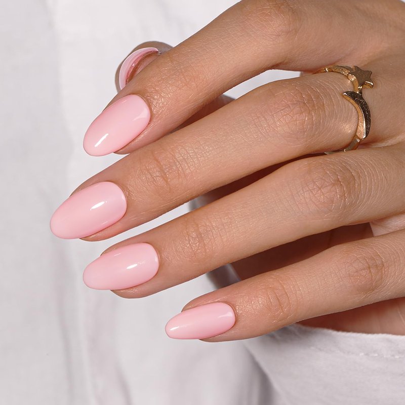 KQueenest Baby Pink Press On Nails Short Oval - Summer Press on Nails Short Almond, Sheer Pastel Rose Pink Fake Nails with Glue, Glossy Opaque, Reusable Soft Gel Glue on Nails for Women, 24 Pcs