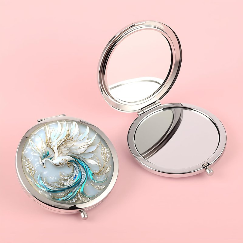 Double-Sided Compact Mirror - 2.8x2.8 Inch Folding Makeup Mirror with Elegant White Phoenix Design | Perfect Gift for Women