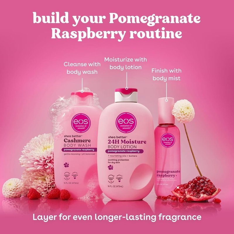 EOS Cashmere Body Mist - Pomegranate Raspberry Body Spray | Moisturizing Hair Mist with Hyaluronic Acid, 6 fl oz