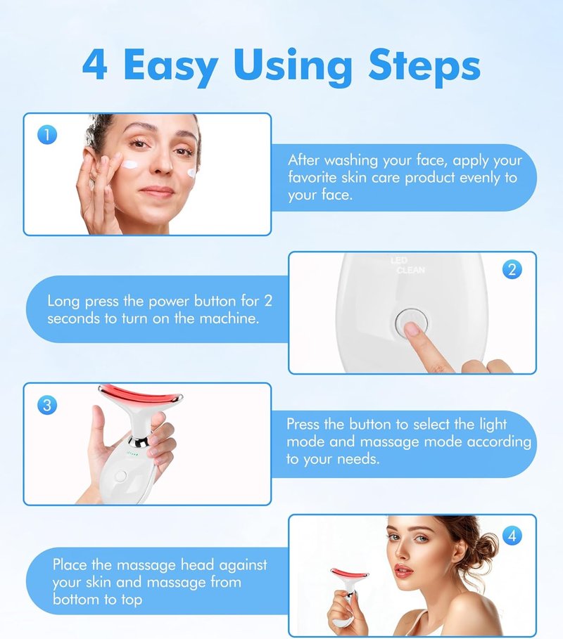 Red Light Therapy Face Massager - 7 Color Vibrating Tool for Wrinkles & Double Chin | Glossy White