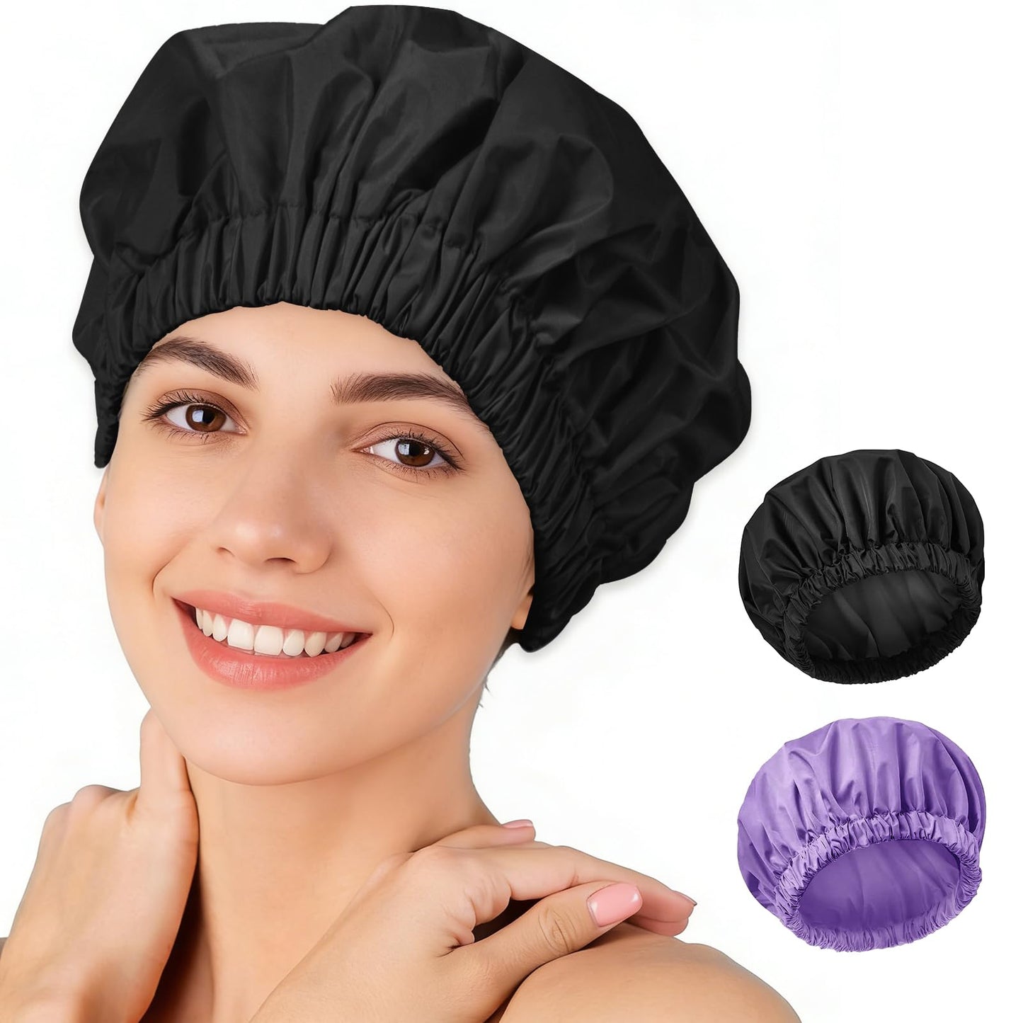TUVATU Reusable Shower Cap for Women – Large Waterproof Satin Shower Bonnet for Long, Curly & Braided Hair, Washable Bath Hair Cover, Black + Purple