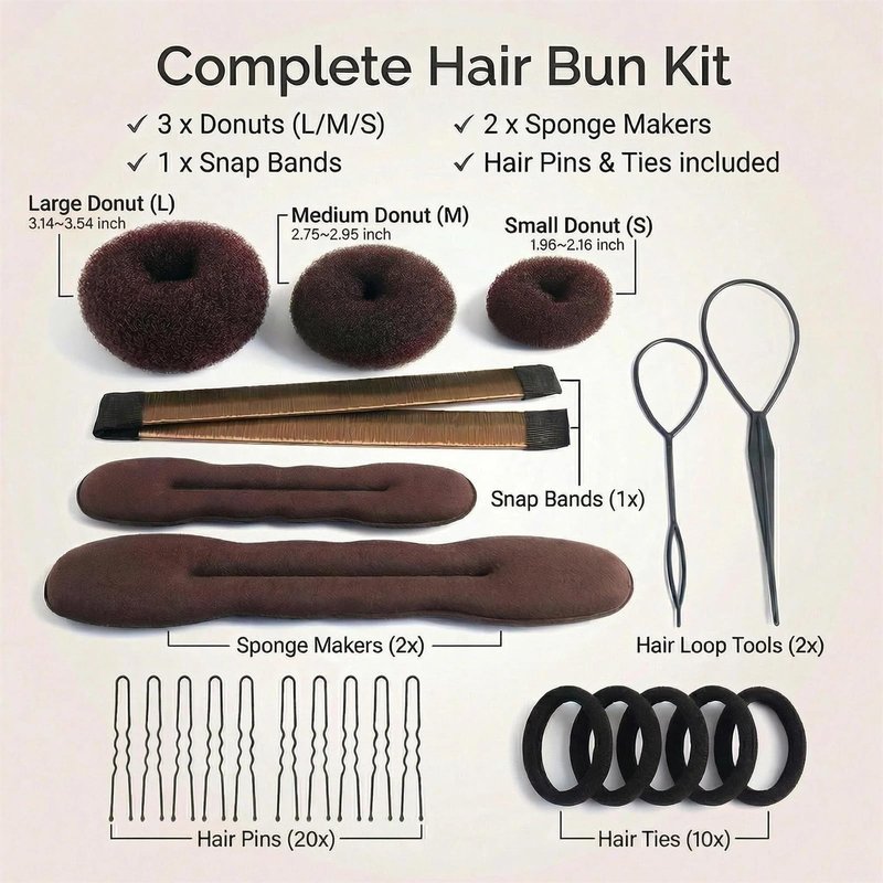 iFlyMars Hair Accessories Set - Foam Sponge Bun Shapers, Magic French Twist Clip, Snap Bun Makers, Elastic Bands, and Hair Pins (Brown)