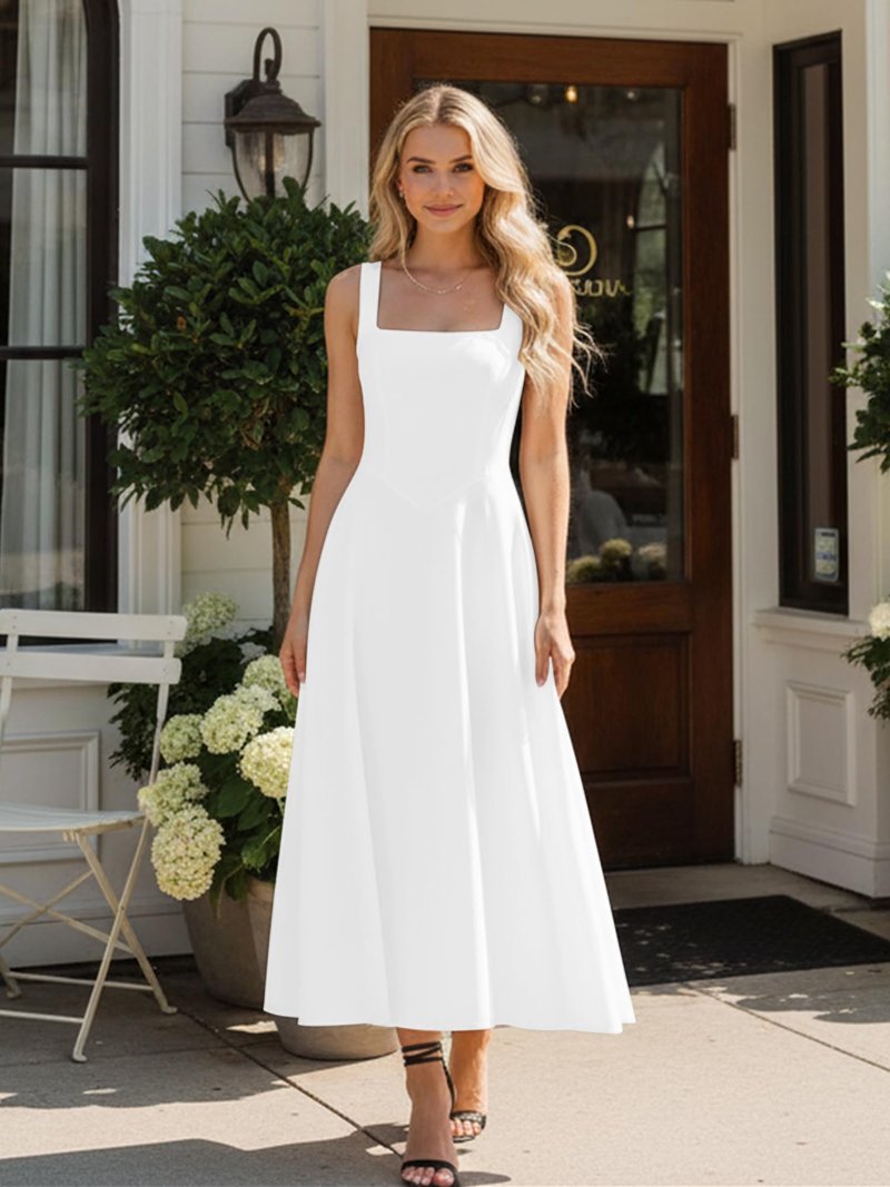 Kaximil Women's Square Neck Sleeveless A Line Maxi Dress Smocked Ruffle Flowy Casual Long Dresses, Large, White