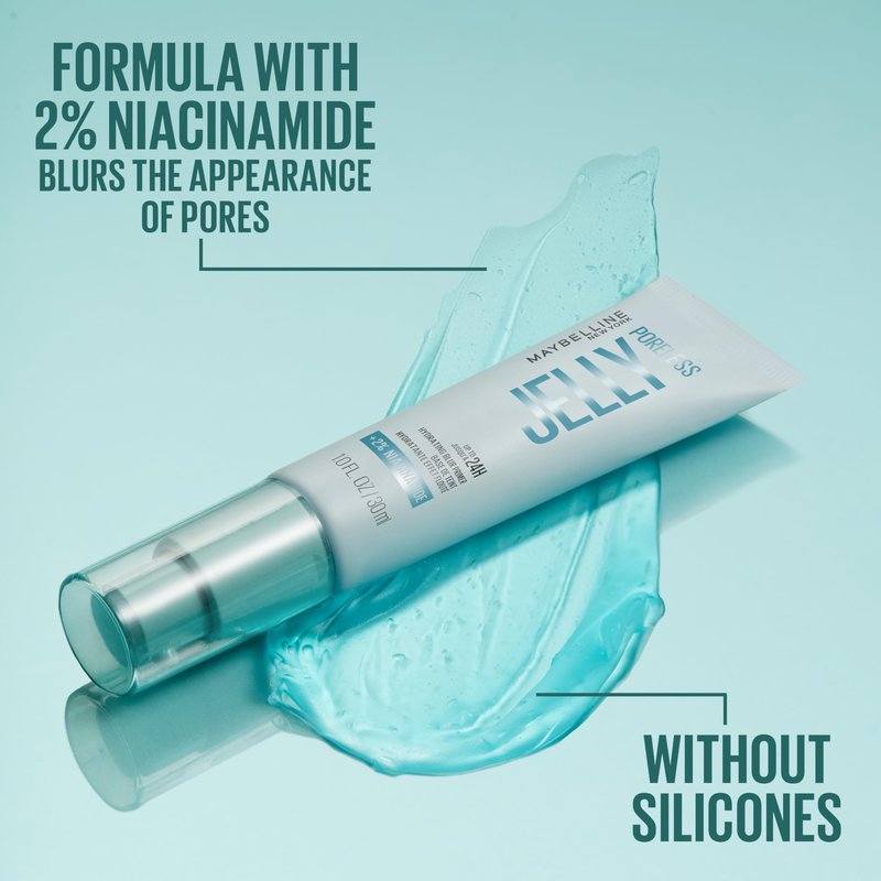 Maybelline Poreless Jelly Primer, Hydrating, Blurring Makeup Primer with 2% Niacinamide For Up To 24HR Make Up Wear, Clear, 1 Count