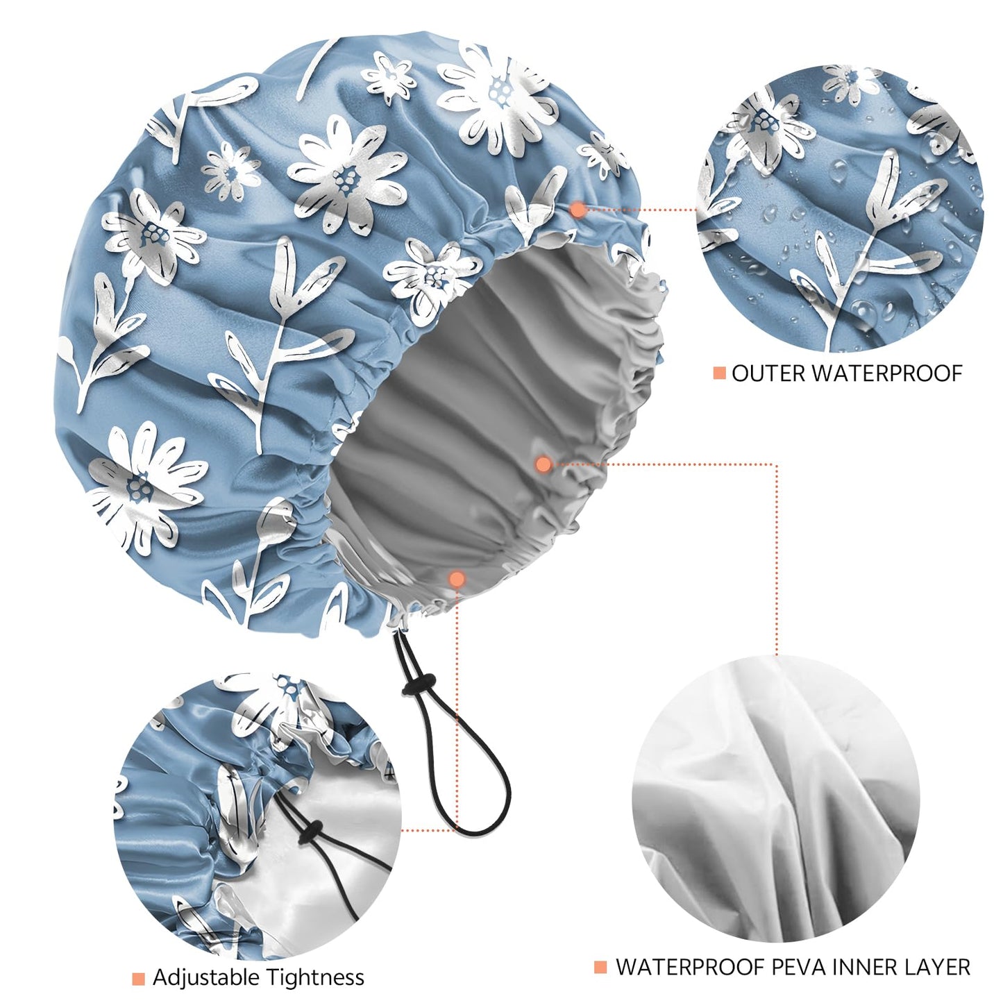 BHAHB Shower Cap Reusable Double Layer Adjustable Elastic Waterproof EVA Hair Bath Caps for Women Girls Cute Aesthetic-White Flower