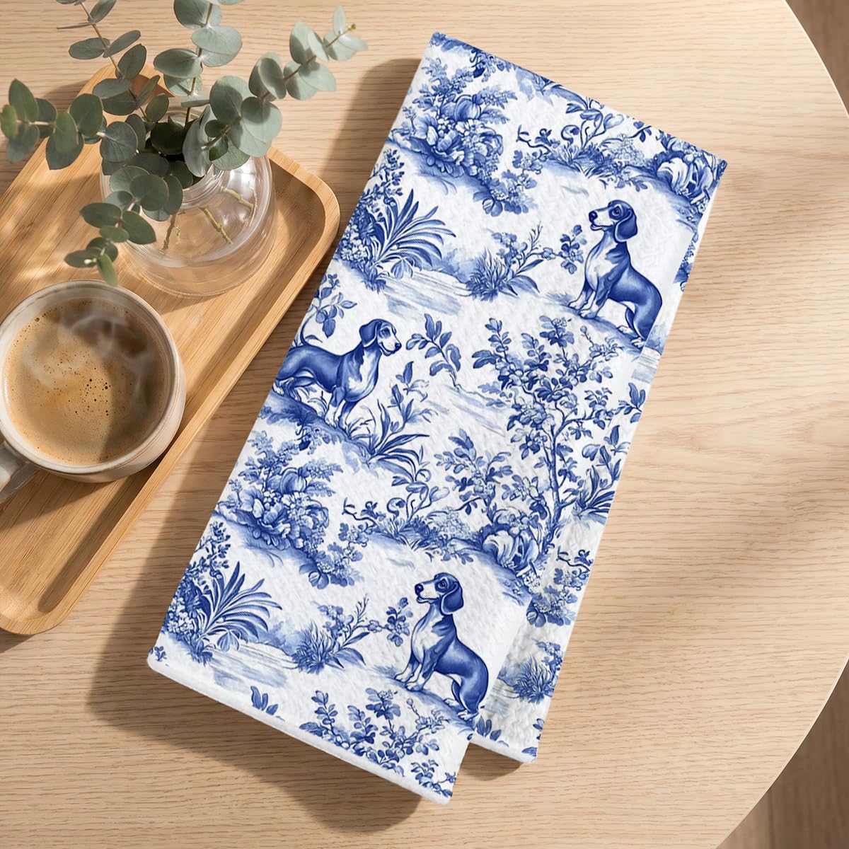 2 Pcs Chinoiserie Cavalier King Charles Spaniel Kitchen Towels 14x24 Inch, Blue and White Floral Dachshund Decorative Dish Tea Towels, Grand Millenial Botanical Dog Hand Towels for Kitchen Bathroom