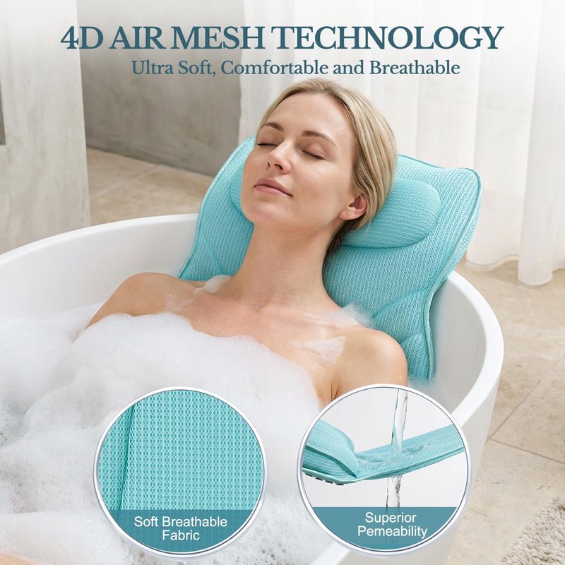 Extra Long Thick Full Body Bath Pillow for Tub with Lumbar Pillow- Luxury 4D Air Mesh Bathtub Pillow with Head, Shoulder & Back Support, Non-Slip Bath Cushion with Suction Cups-Lake Blue