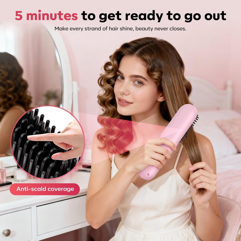 Go Brush Pro for Short Hair Hair Straightener Brush Cordless & Portable with 300M Negative Ions, 4 Temps Fast Heating, Game Day Ready Styling Tool for Watch Parties, Travel & Daily Use Nude Pink