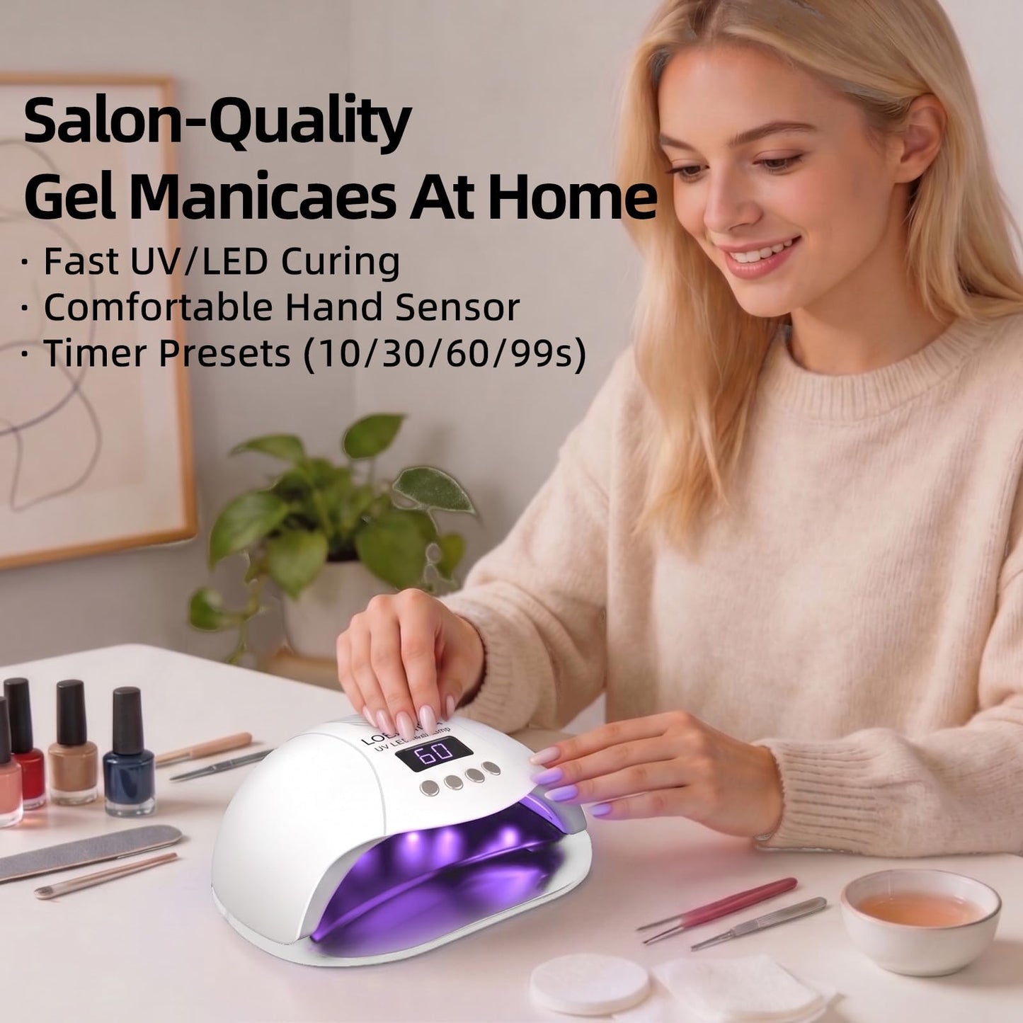 UV LED Nail Lamp, 280W Fast Curing Gel Nail Dryer for Gel Polish, Rhinestone Glue, Solid & Liner Gel, 4 Timers & Spacious Chamber with Smart Sensor, Professional 45Pcs LEDs for Home Salon Use