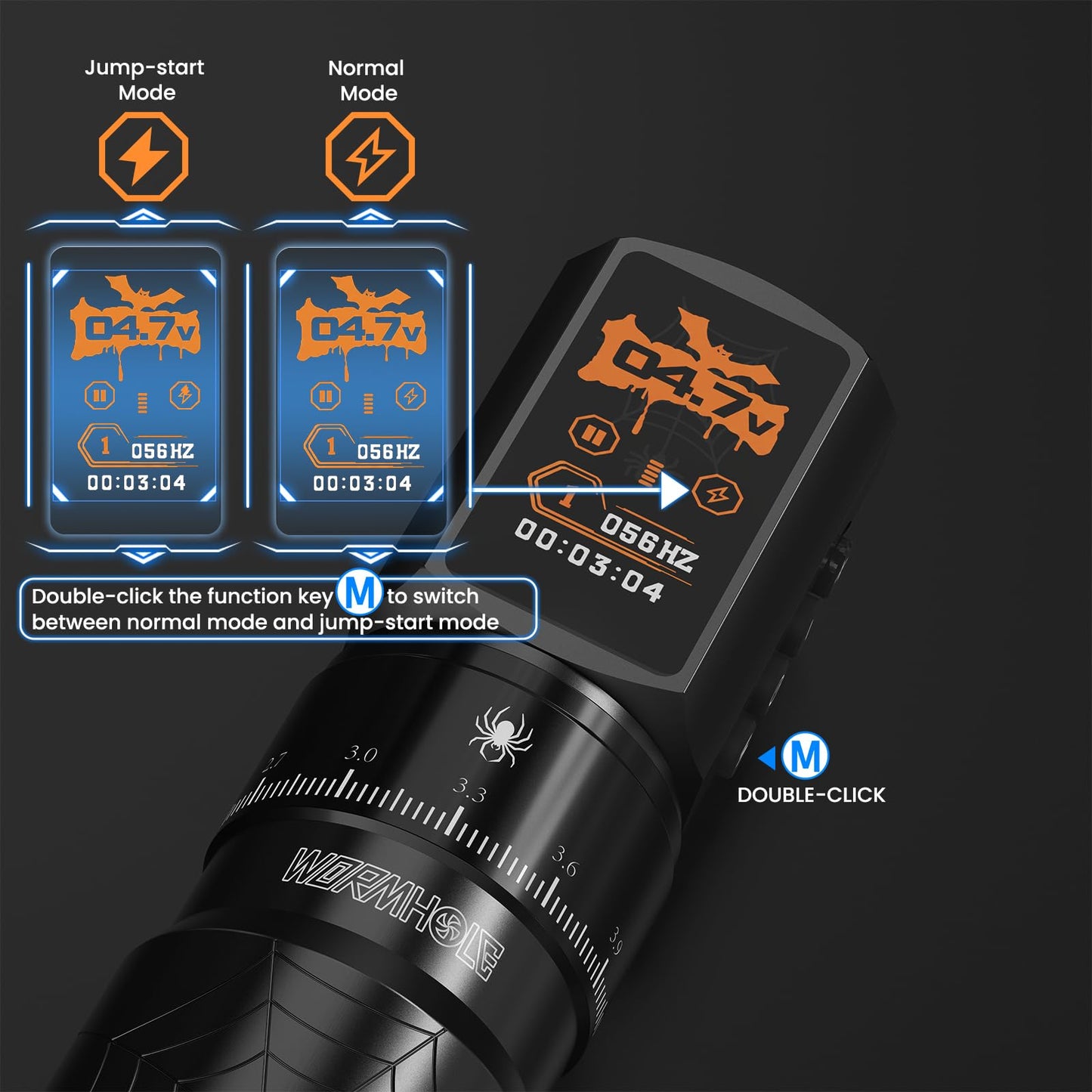 Wormhole 2,300mAh Battery Wireless Tattoo Kit Tattoo Gun Kit with 7 Adjustable Stroke Tattoo Machine with Normal/Jump-Start/Dot Working Mode with LED Digital Display for Artist WTK0257