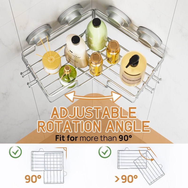 LEVERLOC 2 Pack Corner-adaptive Suction Cup Shower Caddies, Drill-Free Wall Mounted Basket, Stainless Steel Rustproof Corner Shower Shelf, Large Capacity Removable Suction Cup Bathroom Organizer, Gray
