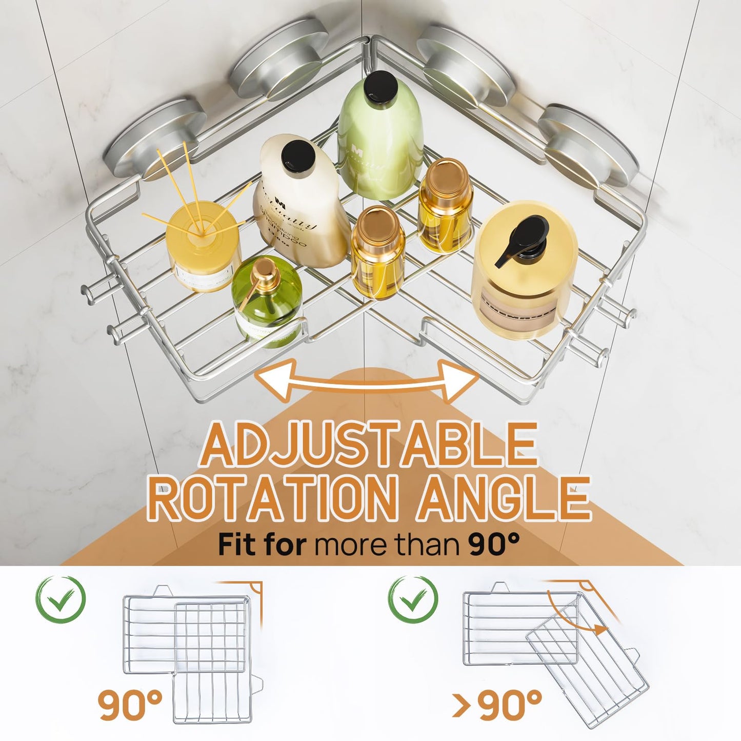 LEVERLOC 2 Pack Strong Suction Cup Corner Shower Caddy, Large Capacity Removable Bathroom Organizer, Stainless Steel Rustproof Shower Shelves with Hook, Drill-Free Wall Mounted Suction Basket, Black