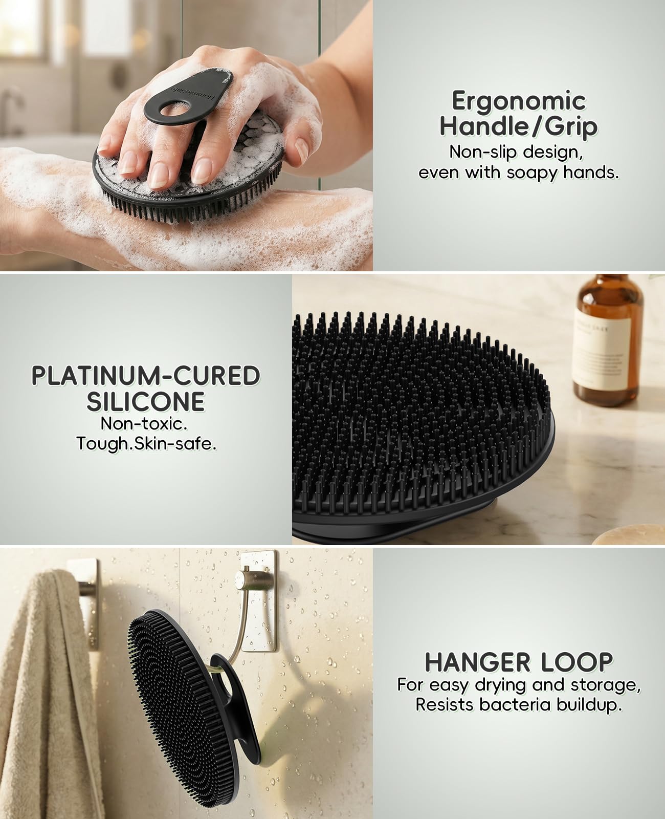 Soft Silicone Shower Brush Body Wash Bath Exfoliating Skin Massage Scrubber, Dry Skin Brushing Glove Loofah, Fit for Sensitive and All Kinds of Skin(Mint+Black)