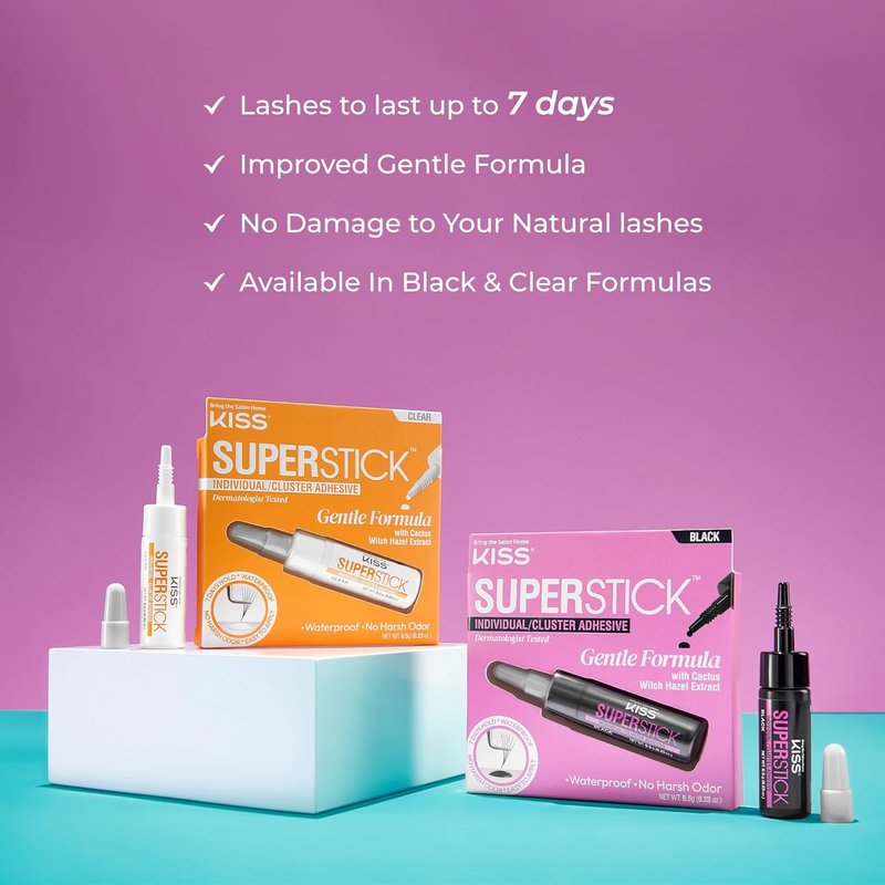 Kiss SuperStick Lash Cluster Adhesive - Gentle Waterproof Formula with Cactus & Witch Hazel, 7-Day Hold, 6.5g