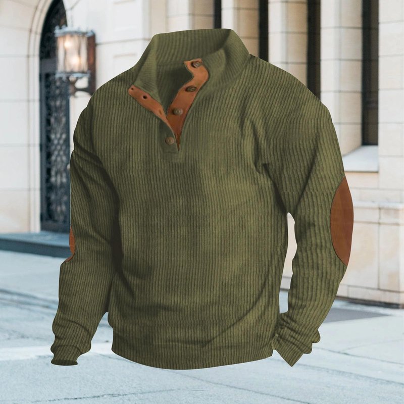 awodent Men's Corduroy Sweatshirt with Elbow Patches Lightweight Button Up Stand Collar Pullover Tops Fall Winter Trendy Long Sleeve Sweatshirts Jacket Army Green 4XL