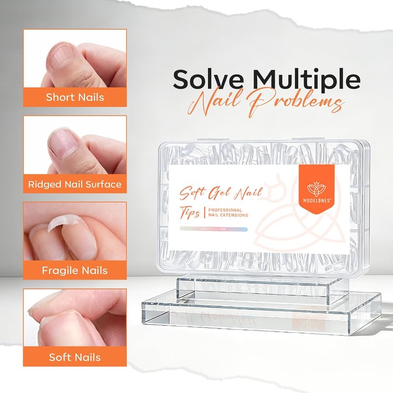 Short Almond Nail Tips - Pre-shaped Soft Gel Fake Nails | 216PCS Full Cover Press-On Extension Kit for DIY Manicure