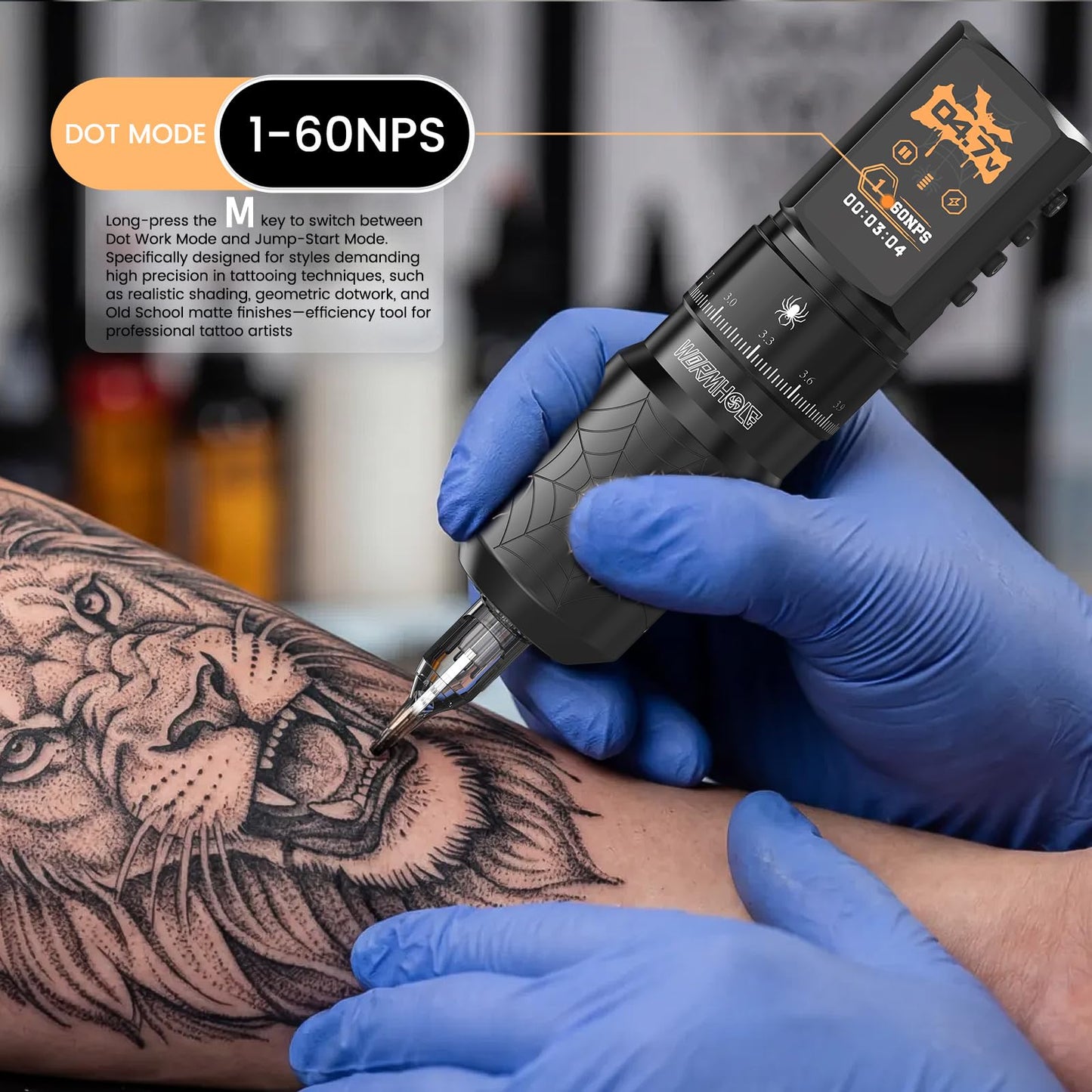 Wormhole 2,300mAh Battery Wireless Tattoo Kit Tattoo Gun Kit with 7 Adjustable Stroke Tattoo Machine with Normal/Jump-Start/Dot Working Mode with LED Digital Display for Artist WTK0257