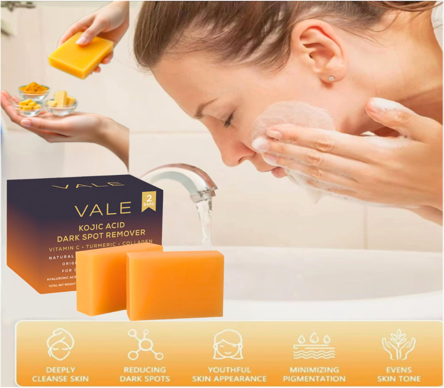 VALE Kojic Acid & Turmeric Soap Bar (2-Pack) – Natural Dark Spot Remover & Original Japanese Complex with Vitamin C, E, Collagen, Retinol, Olive Oil & Shea Butter(Citrus)