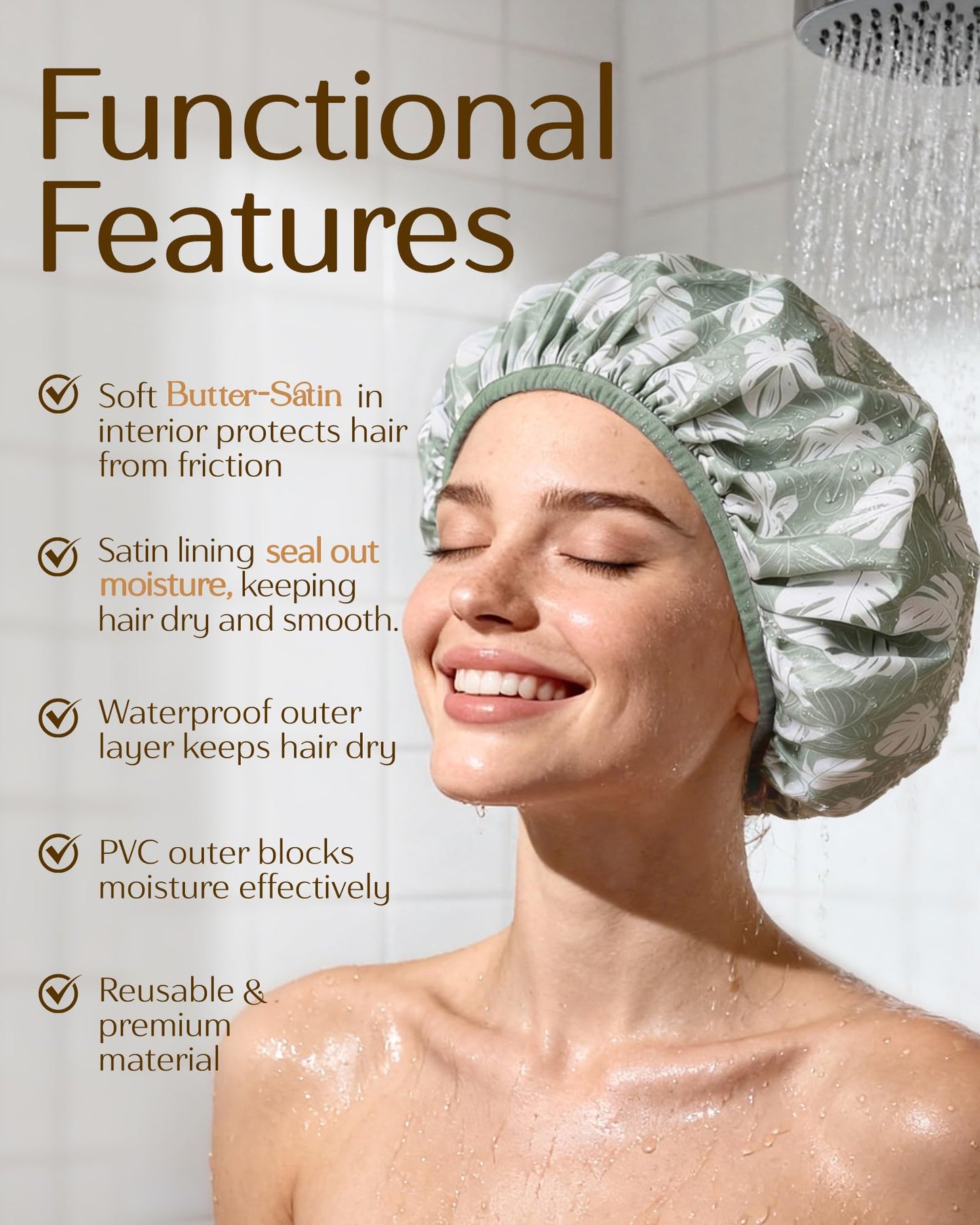 Yanibest Shower Cap for Women - Frizz Free Satin Lined Shower Cap Waterproof Large Double Layer Reusable with Soft Elastic Band for Braids Long Hair