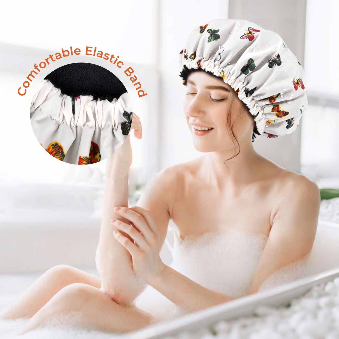 Shower Cap for Women Terry Lined Bath Cap Large Reusable Waterproof Elastic Band Butterfly Shower Caps for Long Thick Hair Soft Bath Shower Hair Caps