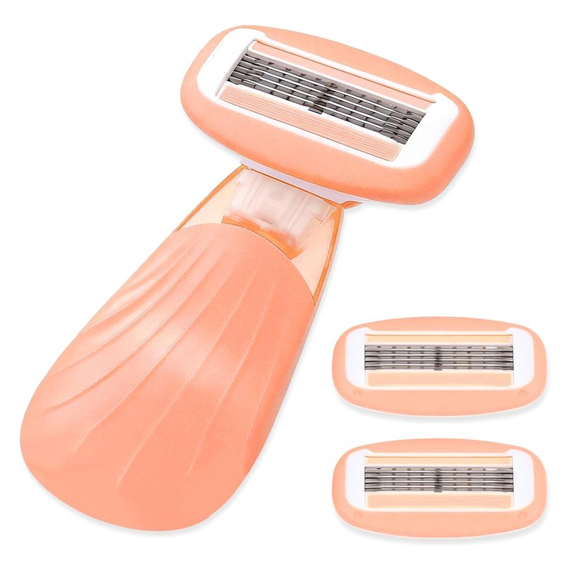 Keropy Women's Travel Razor with Lubricating Strip – 5-Blade Compact Shaver for Sensitive Skin, Includes 1 Handle + 2 Cartridges & Protective Case, Orange