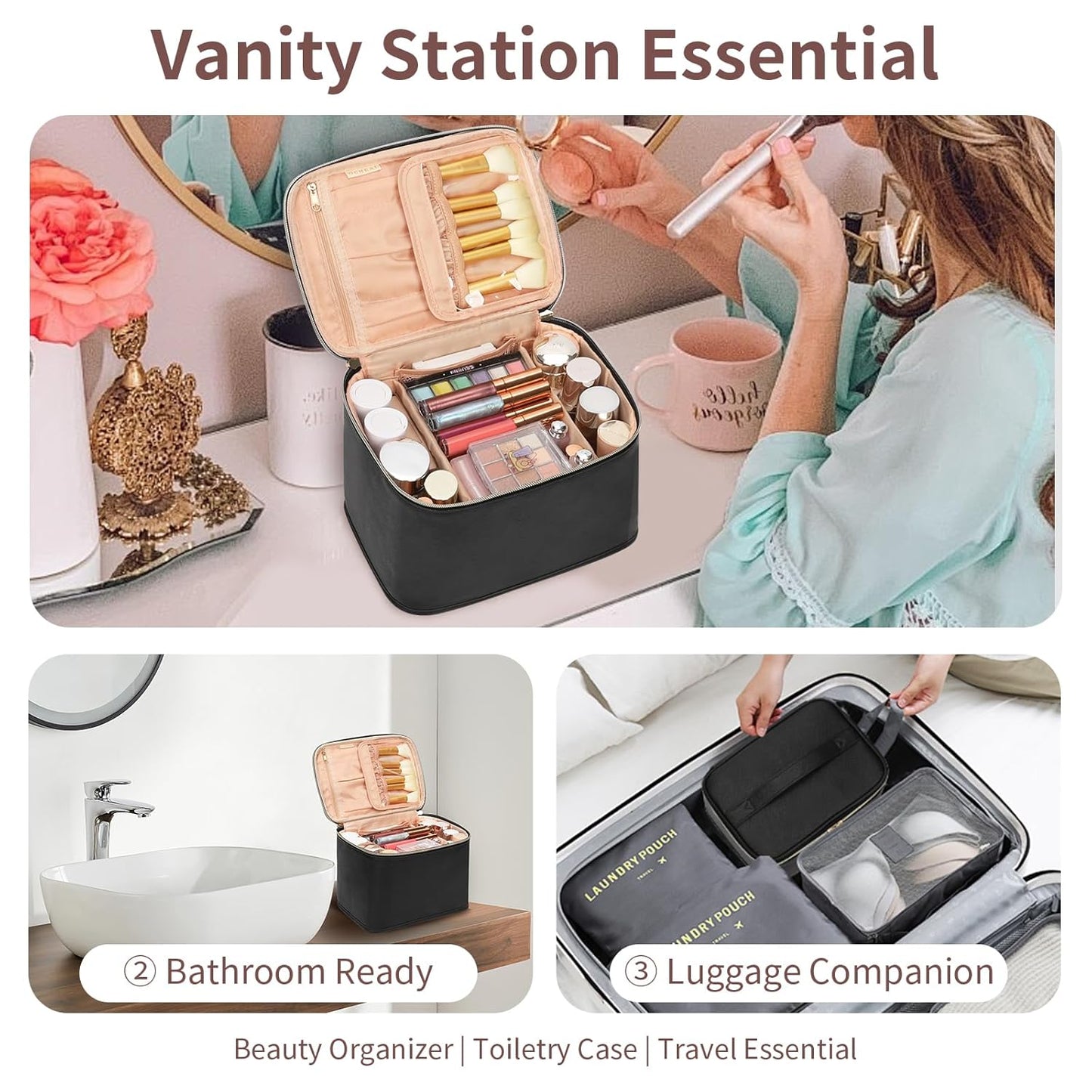 Travel Makeup Bag Organizer - Large Capacity Cosmetic Case with Divider & Handle | Black