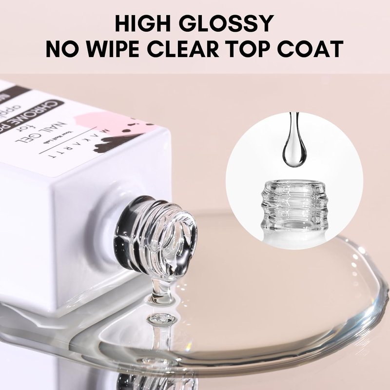 Gel Top Coat for Chrome Nail Powder - 15ml Clear No Wipe High Gloss Finish | Long Lasting & Easy Application