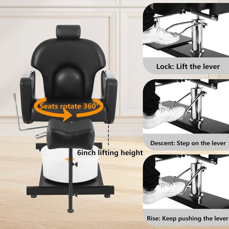 360° Swivel Pedicure Chair - Hydraulic Adjustable Height with Stool & Massage Foot Bath | Black & Silver