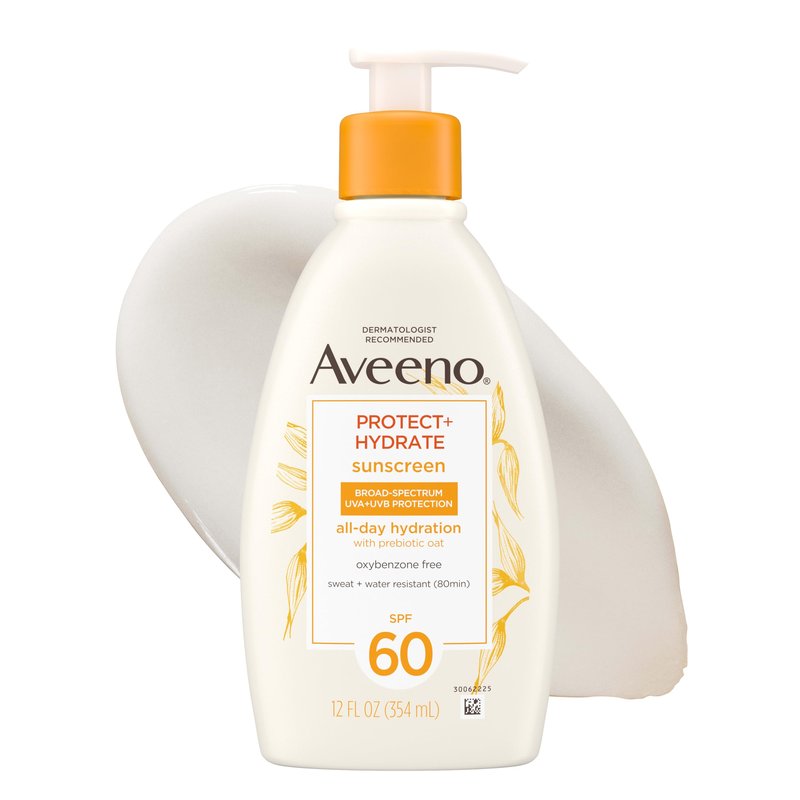 Aveeno Protect + Hydrate Sunscreen Moisturizing Lotion with Prebiotic Oat, Broad Spectrum SPF60, Paraben, & Oil Free, Weightless, Water & Sweat Resistant (80-min) for Sensitive Skin, 12 Fl Oz