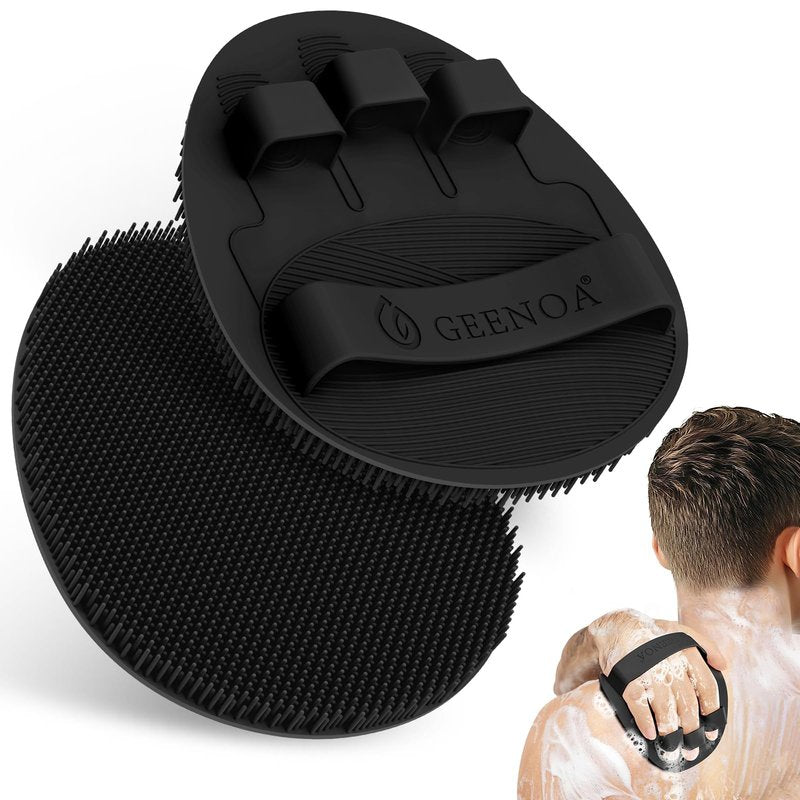 GEENOA Upgrade Silicone Bath Glove with Straps, 360° Anti-Slip & Enlarged Exfoliating Body Scrubber for Rich Foaming Deep Cleaning, No-Grip & Hand-fit Shower Scrubber for All Skin Types(Blackx2)