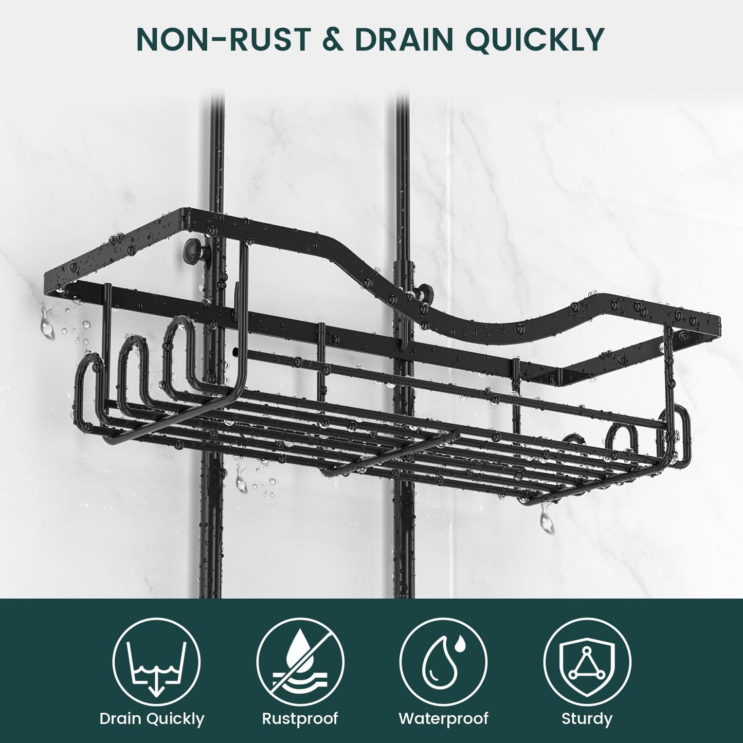 Shower Caddy Hanging Adjustable Shower Caddy, Rustproof Shower Organizer Extended Length Shower Caddies Over Shower Head with Hooks Soap Holder, Large Capacity Anti-Swing Bathroom Storage, Black