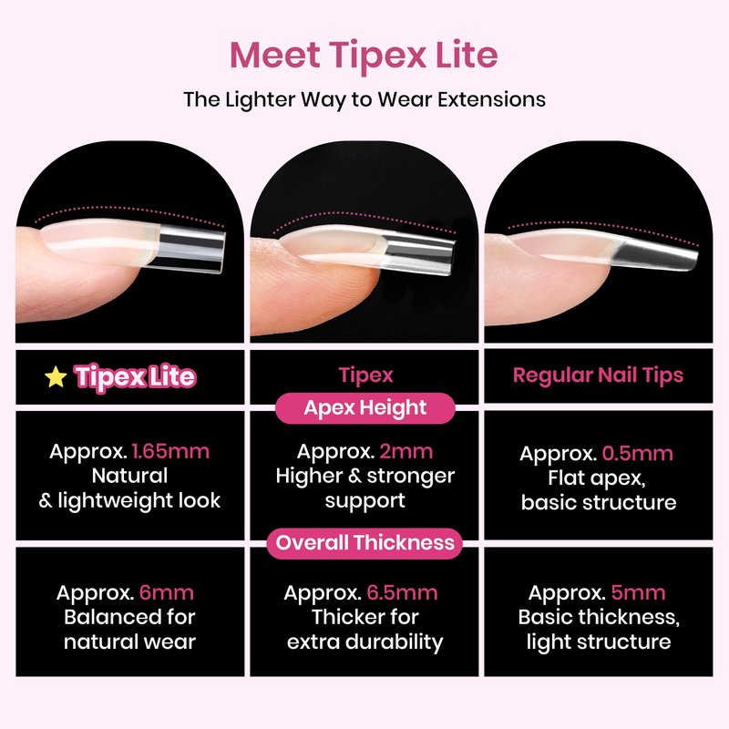 Beetles Tipex Lite Instant Apex Nail Tips, Medium Square Gel Nail Tips, 16 Sizes 00-14, Built-in Apex for Natural Fit, Beginner-Friendly DIY Nail Extensions