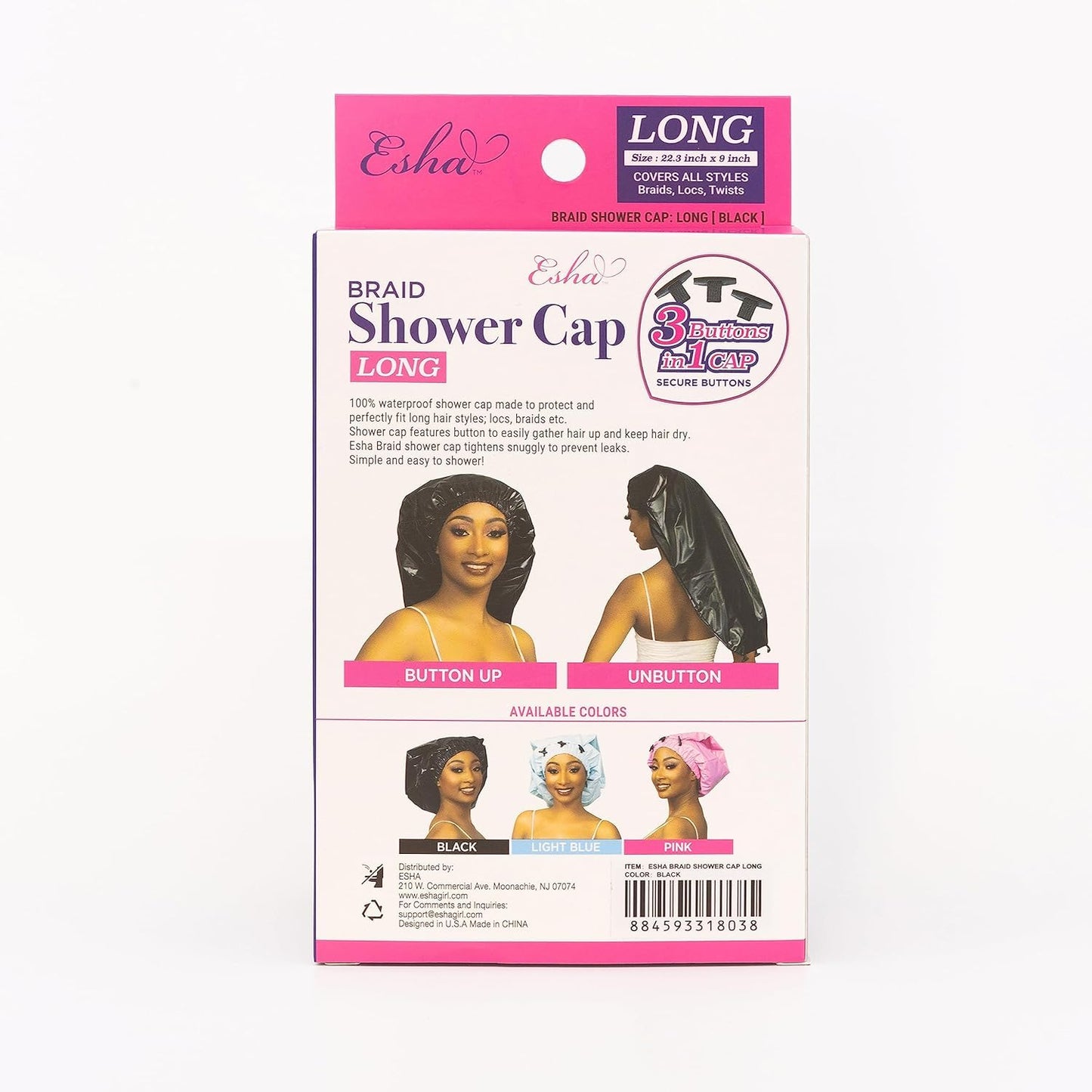 Esha Girl - Shower Cap for Extra Long Hair, Braids, Locs, Twists – Waterproof – Snug Fit Guarantees No Leaks – Easy Button Up (Black, Long (22.3" x 9"))