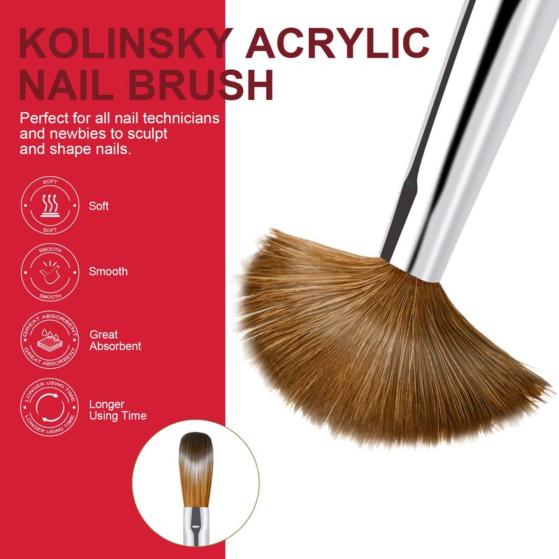 6PCS Acrylic Nail Brush Set, Kolinsky Hair, Oval Crimped Pressed Shaped, Red Metal Handle, Professional Manicure for DIY Home Salon - Sizes 4/8/10/12/14/16