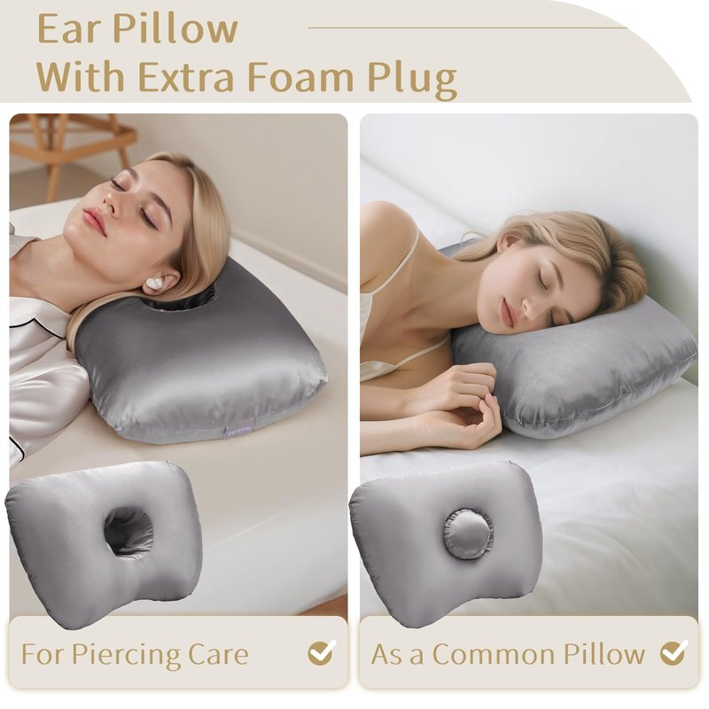 Piercing Pillow - Ear Piercing Pillow With Foam Plug, Adjust Shredded Memory Foam Picrcing Pillow For Side Sleepers, Donut Piliow For Ear With 4.5x4.5''Hole, Ergonomic Curved Design, Satin grey