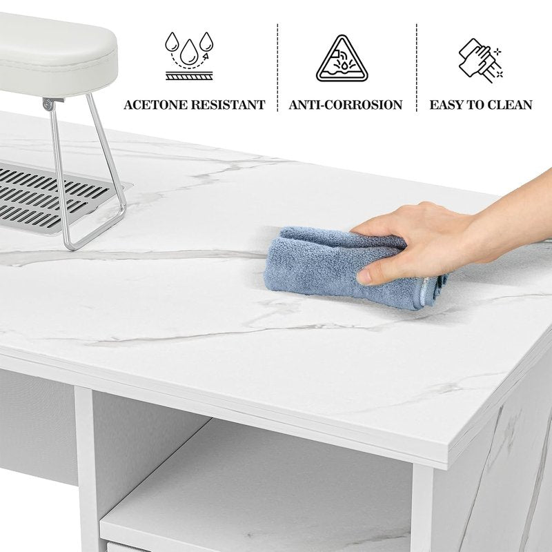 Manicure Table Nail Station - Marbling Texture with Charging Station, Dust Collector, LED Lamp | White