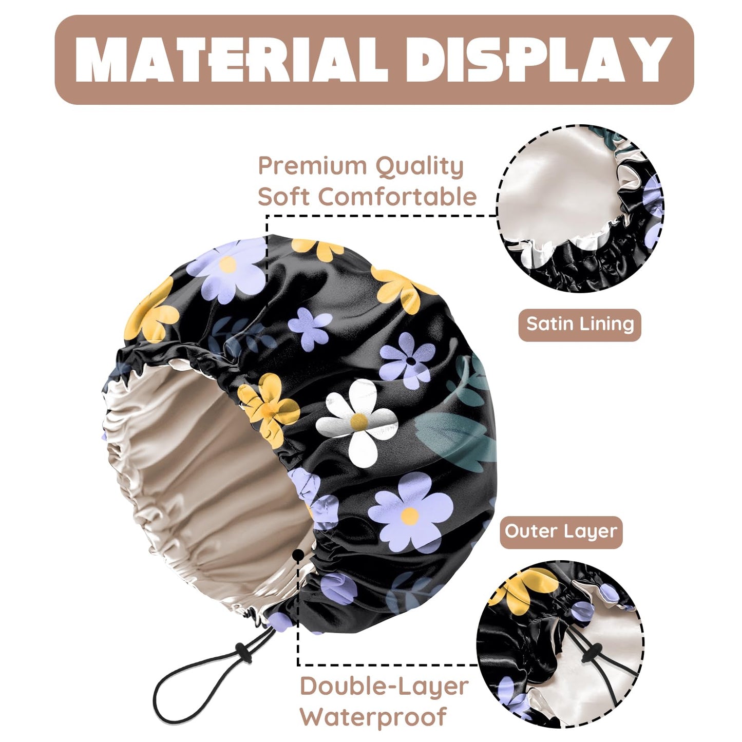 Zewurtuw Luxury Shower Cap Adjustable Reusable Double Waterproof Layer Elastic Satin Lined Hair Bath Cap Cute Aesthetic Women Girls-Purple Flower