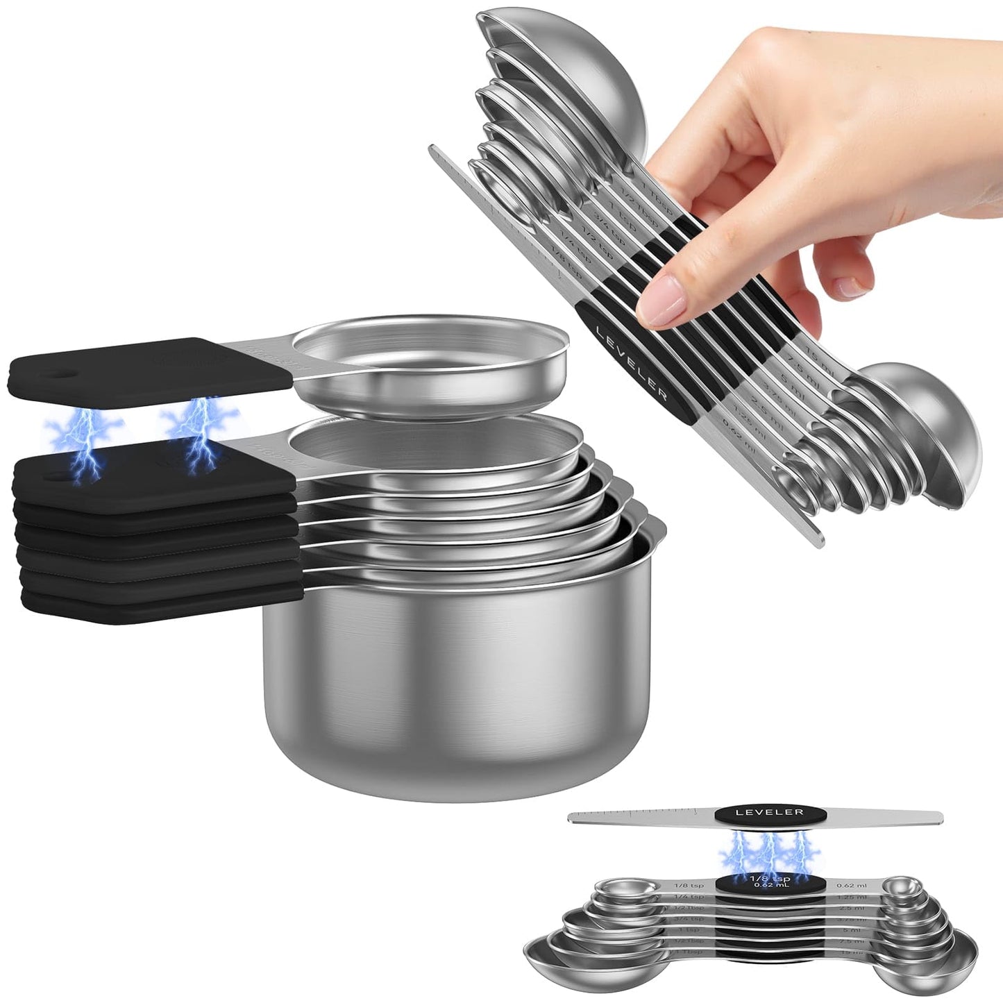 Abtrino Magnetic Measuring Cups and Spoons Set – 304 Stainless Steel | Dual-sided Design | 15-Piece with Leveler | N52 Space-Saving Magnetic Nesting | Baking & Meal Prep | Kitchen Gift (Black)