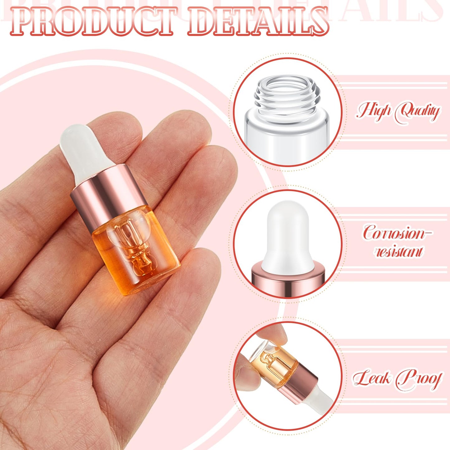 Didaey 100 Pcs 2 ml Mini Glass Oil Dropper Bottle Bulk, Clear Essential Small Empty Bottles Sample Containers Perfume Liquid Vials with Cap for Traveling(2 ml, Rose Gold)