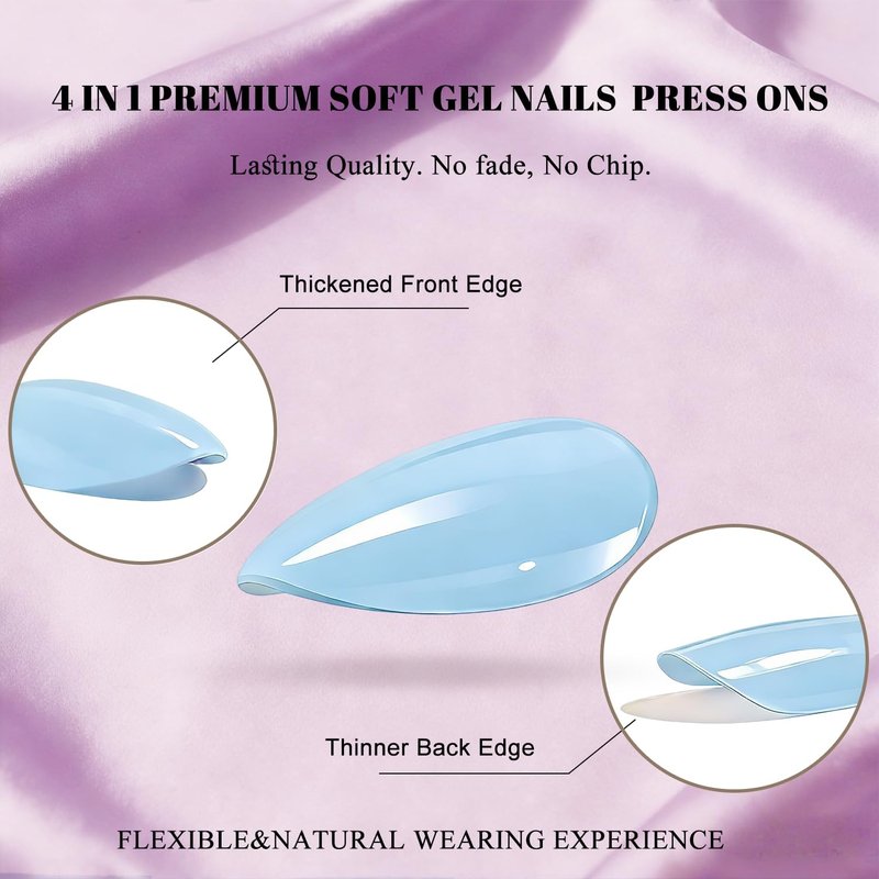 JOYVVEW Pastel Soft Blue Press on Nails Short Oval, 32 Pcs 16 Sizes Soft Gel Fake Nails Press ons Almond, Natural Glossy Opaque Glue on Nails with Glue, Acrylic False Nail for Women Daily Looks