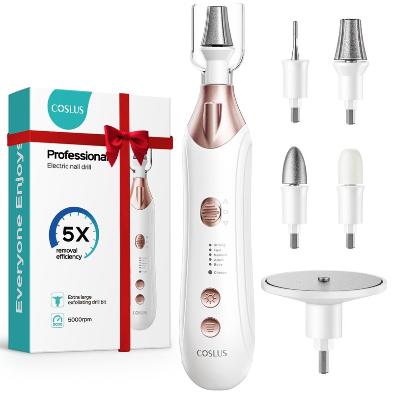 COSLUS C43 Professional Manicure Pedicure Kit, 5-in-1 Electric Nail File for Toenail Hand Feet - Upgrade Wider Grinder for Thick Nails Care, Cordless, 5 Speed, for Men Women Seniors Home Salon, White