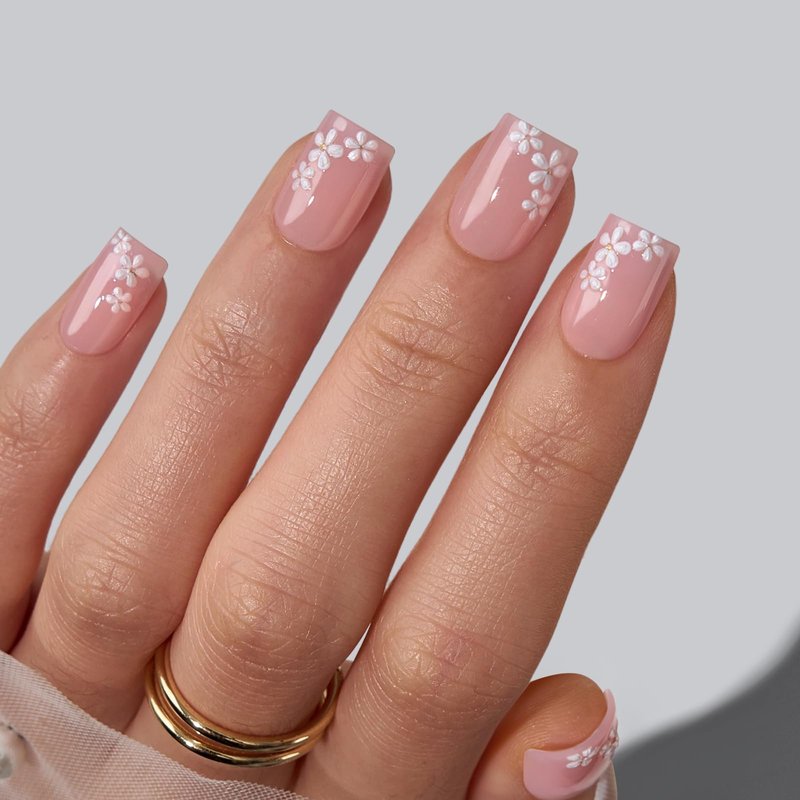 BTArtbox Press On Nails Short - Wrist Corsage, Lamp-Curable 4-Week Wear 3D Flower Pink Square Press On Nails with Glue and Adhesive Tabs, Easy-to-Apply in 16 Sizes - 32 Nails All-in-One Kit