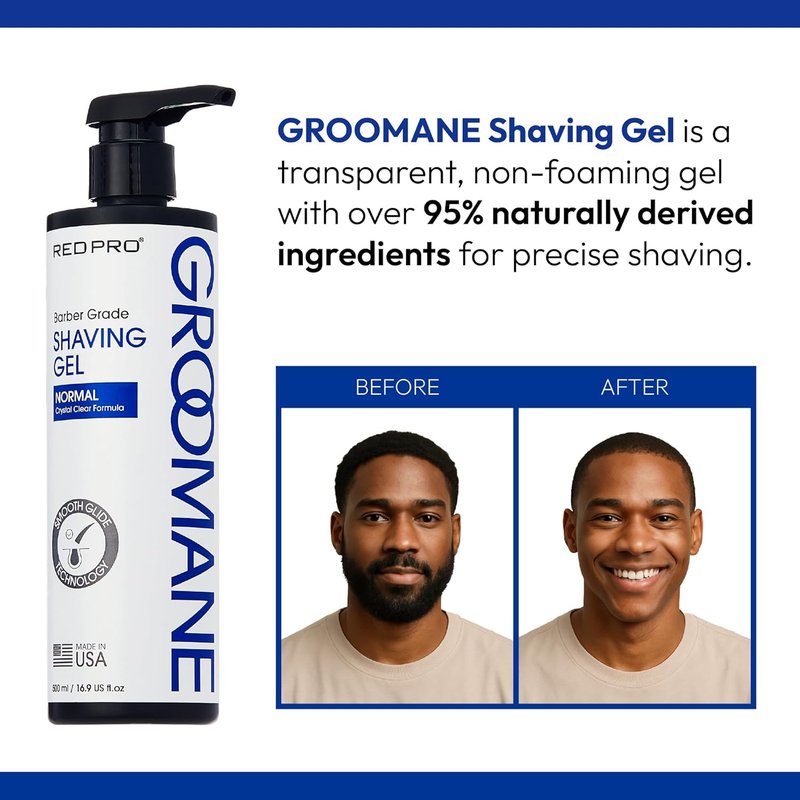 RED Pro GROOMANE Shaving Gel for Men - Non-Foaming Aloe Vera Formula for Smooth Shaves | 16.9 Fl. Oz.