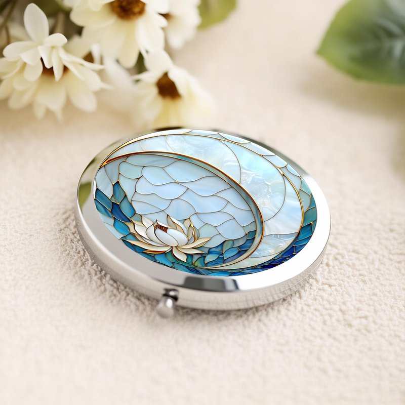 Silver Compact Mirror, 2.8x2.8inch Double-Sided Folding Makeup Mirror with Blue Lotus Moon Design, Ideal Gift for Women