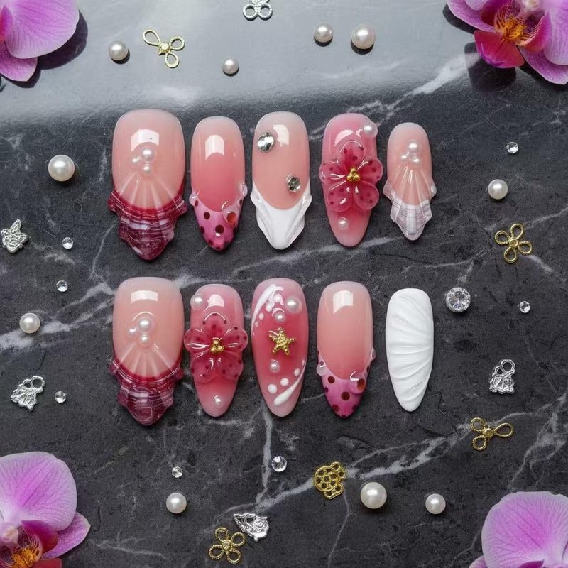 Handmade Press-On Nails - Medium Pink Almond Shape with 3D Flower & Starfish | 10 Pcs for Summer Style