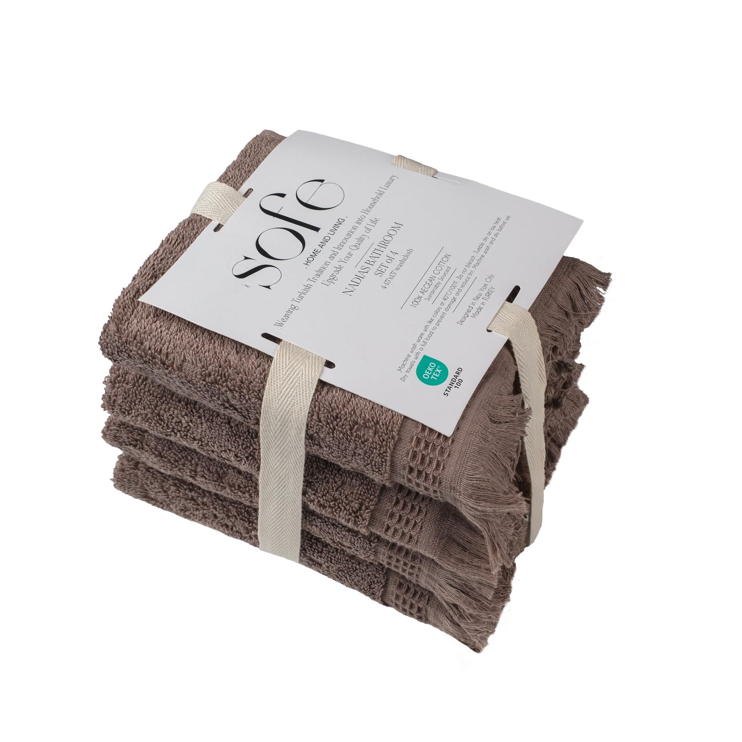 SOFE H&L | NADIAS Luxury Bath Towels Set of 4 Wash Cloths Coffee (13” x 13”) | Light, Premium, Soft, Durable, Absorbent | Turkish Washcloths for Face Cloths