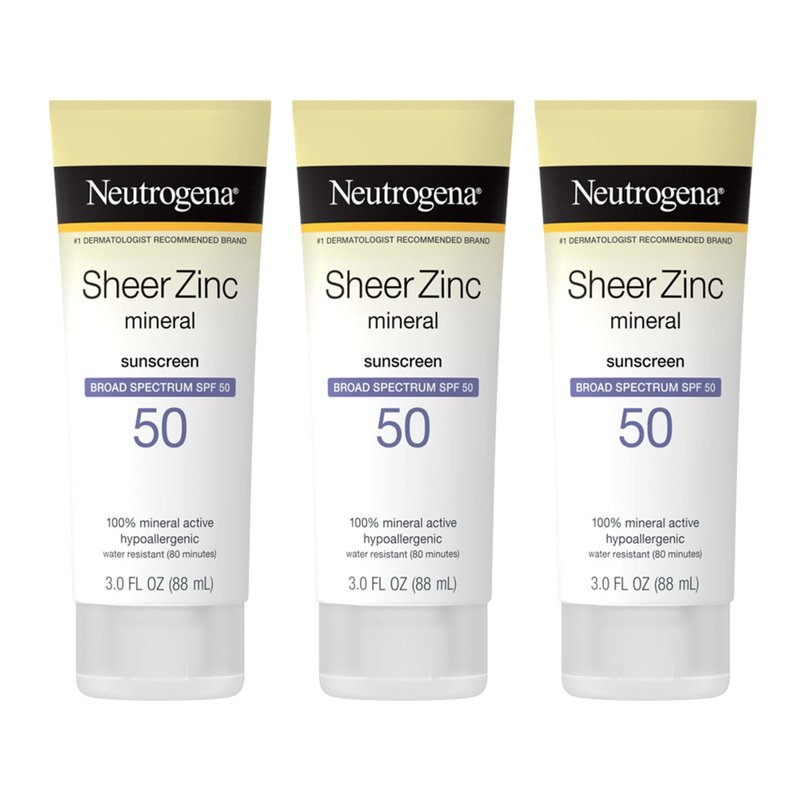 Neutrogena Mineral Sunscreen Sheer Zinc Oxide Dry-Touch Lotion, Broad Spectrum Sunblock SPF 50, Water Resistant Sunscreen For Sensitive Skin, 3 fl. oz, 3 Pack