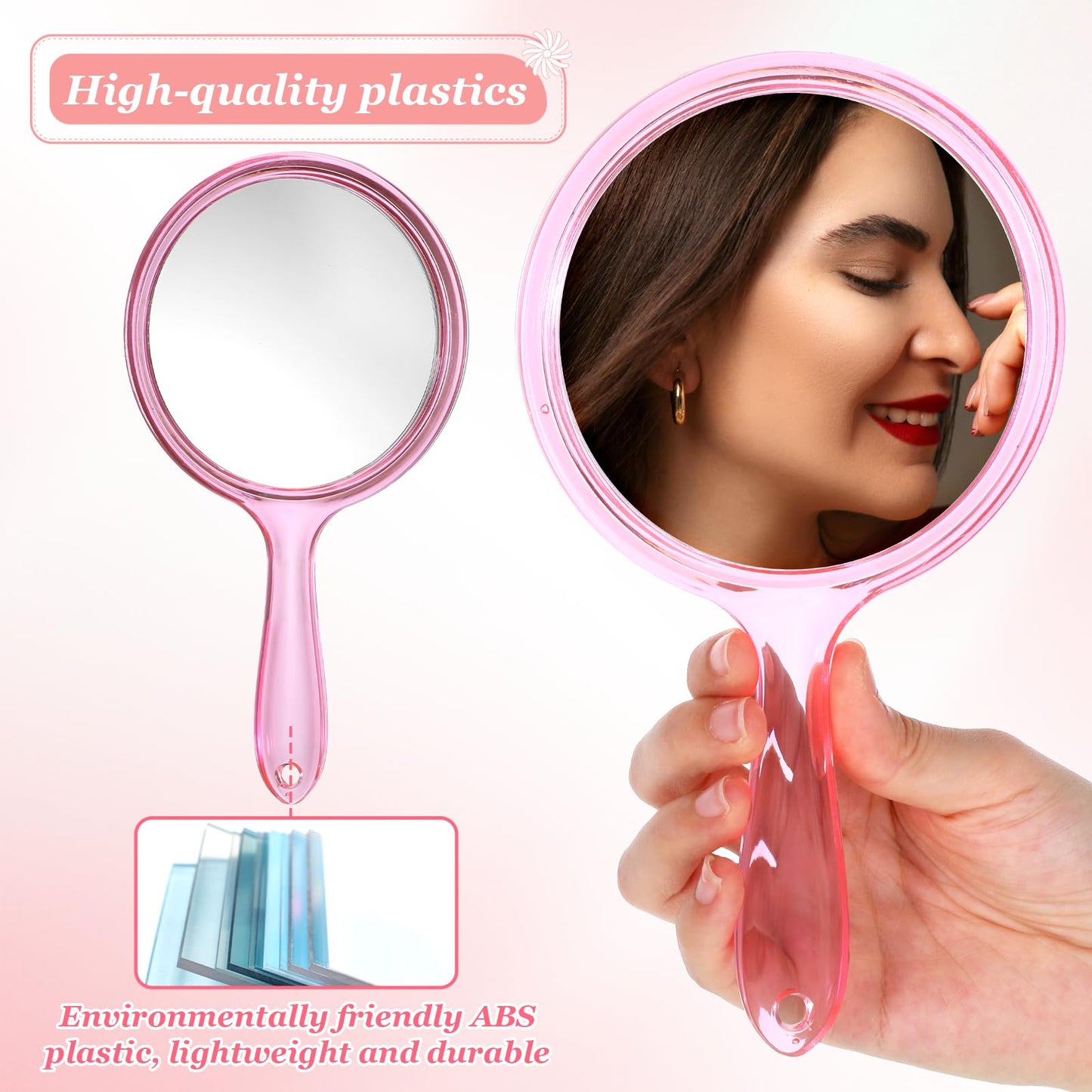 Zyghjort Hand Mirror with Handle, Double-Sided 1X/5X Handheld Magnifying Makeup Mirror for Women Travel Vanity & Salon Face Grooming, Large 8.2"x4.1" - Pink